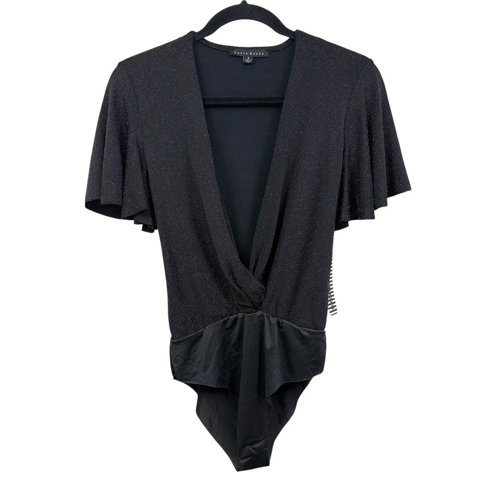 Haute Monde Womens Bodysuit Top Blouse Sparkle Flutter Sleeve Top Black Size S*